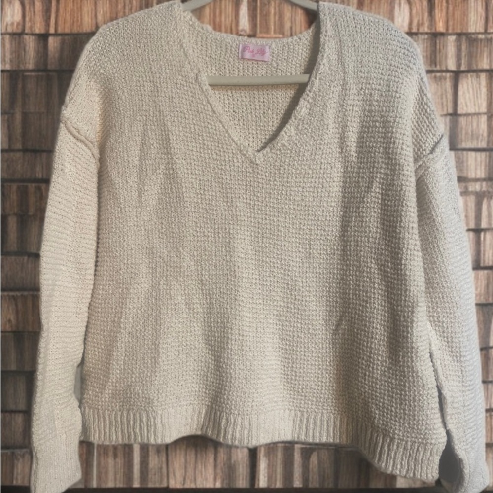 Pink Lily Women's V-Neck Long Sleeve Loose Knit Sweater JL3 Off White Size M
